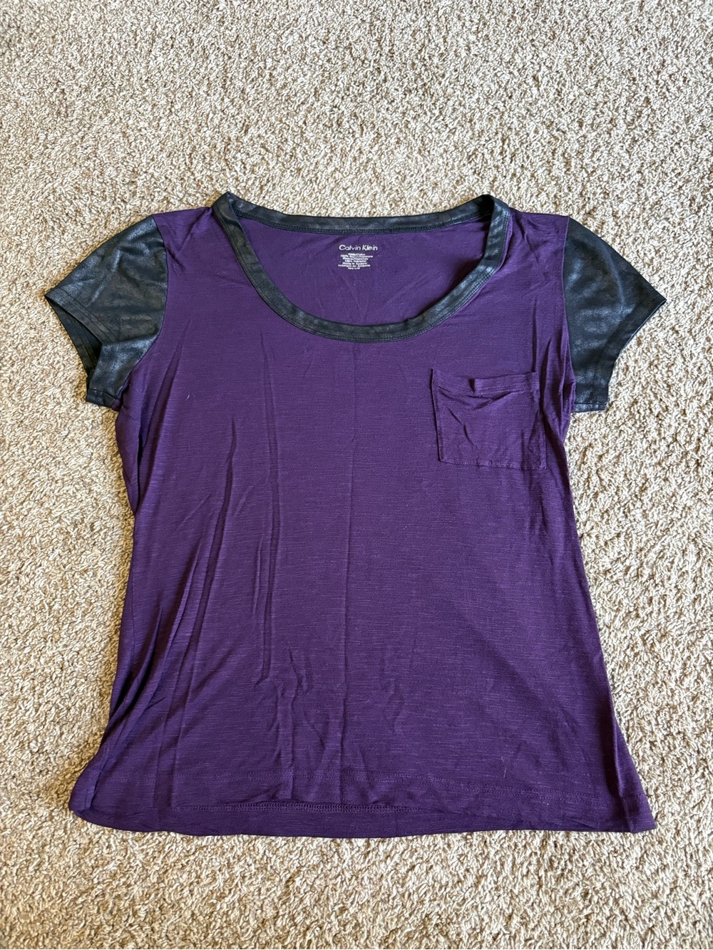 Calvin Klein Purple Short Sleeve Tee with Black Faux-Leather Trim